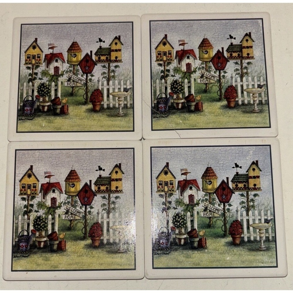 Birdhouse Coaster Set, Absorba Stone, Cork backed Bisque Tile, Set Of 4, Box EC